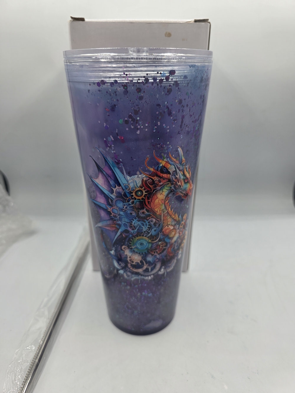 Snow Globe Double Wall Purple Glitter Dragon Drink Tumbler With Metal Straw.